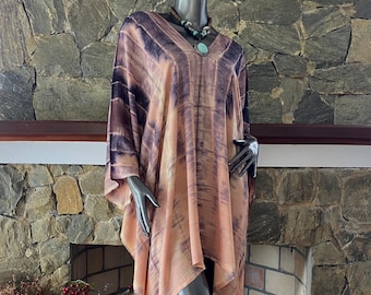 Bisque Shibori Tie-Dye Poncho Top, Rayon Cover Up, Beach short Kaftan