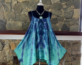 Turquoise Beach Shibori Tie dye Spaghetti strap Tank Top, Vacation, Cruise Casual Tank