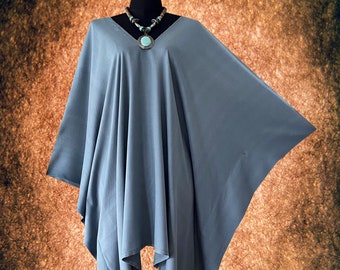 Solid Bluish Gray Hand Dyed V neck Beach Poncho Top blouse