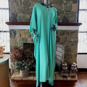 Solid Turquoise Green Hand Dyed Caftan, Work From Home Kaftan Dress Gown, Lounge Loose Fit dress, Vacation, Cruise, Pool, One Size Plus Size
