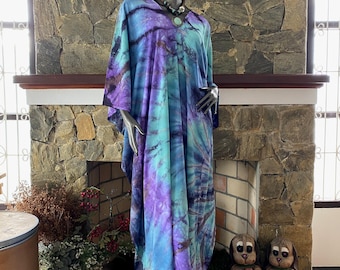 Turquoise Shibori Tie-Dye Rayon Caftan, Boho Beach Maxi