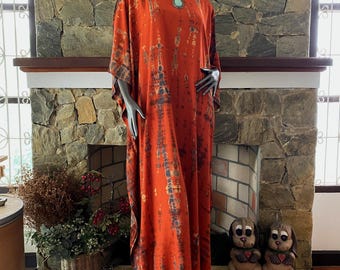Brick Orange Bleach Hand Dyed Shibori Caftan Dress, Rayon, Plus Size Boho Kaftan