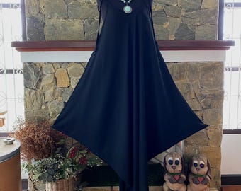 Solid Charcoal Black Hand Dyed Spaghetti Strap Tapered Bottom dress, Beach BOHO Dress