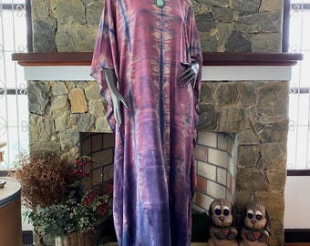 Mangosteen Bleach Hand Dyed Shibori Caftan Dress, Rayon, Plus Size Boho Kaftan