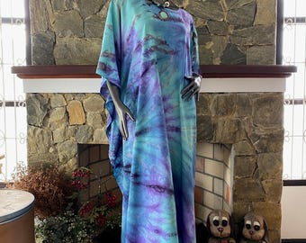 Turquoise Shibori Tie Dye Rayon Caftan Dress, Plus Size Beach Maxi