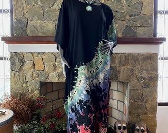 Charcoal Rusty Tie Dye Rayon Caftan Dress, Plus Size Beach Maxi