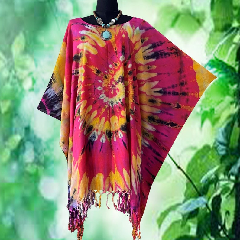 Tropical Vintage Spiral Tie dye Fringe Poncho Top