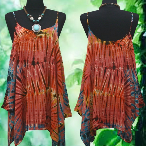 New Tropical Rusty Effect Handmade Tie Dye Art work Spaghetti Strap Gypsy Tank Top US 6-14