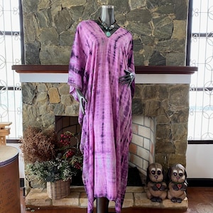Japanese Shibori Tie-Dye Caftan, Purple Pink Rayon Dress, Plus Size