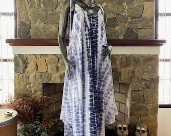 Indigo Shibori Tie dye Spaghetti Strap Tapered Bottom dress, Beach BOHO Dress
