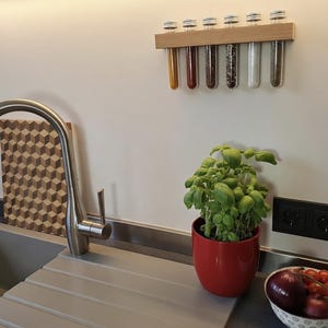 Handmade Oak Spice Rack with 6 Spice Tubes | Wall Mounted Kitchen Organizer | Herb Storage Gift for Foodies & Home Cooks image 3