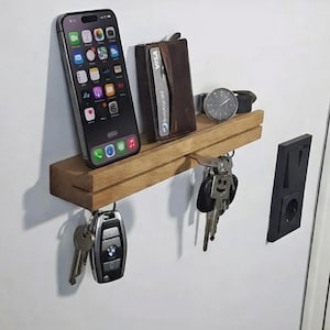 Magnetische sleutelhouder van eikenhout met plankje | Massief houten sleutelhouder met 6 magneten | Moderne sleutelhouder voor aan de muur in de hal