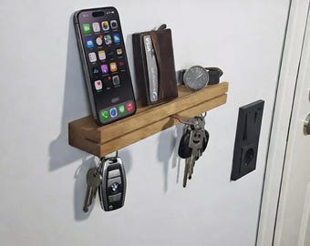 Magnetische Schlüsselleiste Eiche mit Ablage | Schlüsselbrett Massivholz & Magneten | Schlüsselhalter Wand Flur Organizer Modern