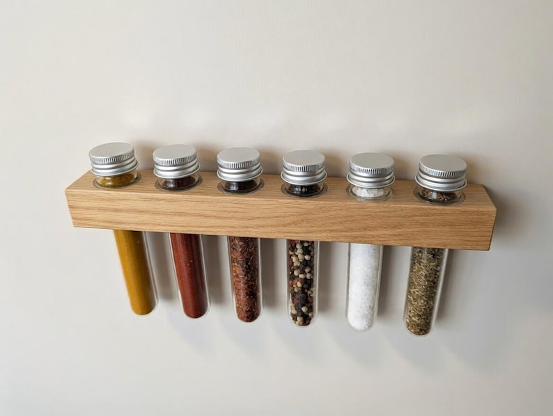 Handmade Oak Spice Rack with 6 Spice Tubes | Wall Mounted Kitchen Organizer | Herb Storage Gift for Foodies & Home Cooks image 4