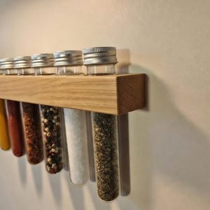 Handmade Oak Spice Rack with 6 Spice Tubes | Wall Mounted Kitchen Organizer | Herb Storage Gift for Foodies & Home Cooks image 1