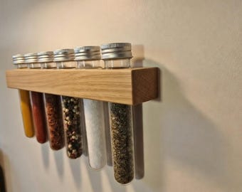 Handmade Oak Spice Rack with 6 Spice Tubes | Wall Mounted Kitchen Organizer | Herb Storage Gift for Foodies & Home Cooks