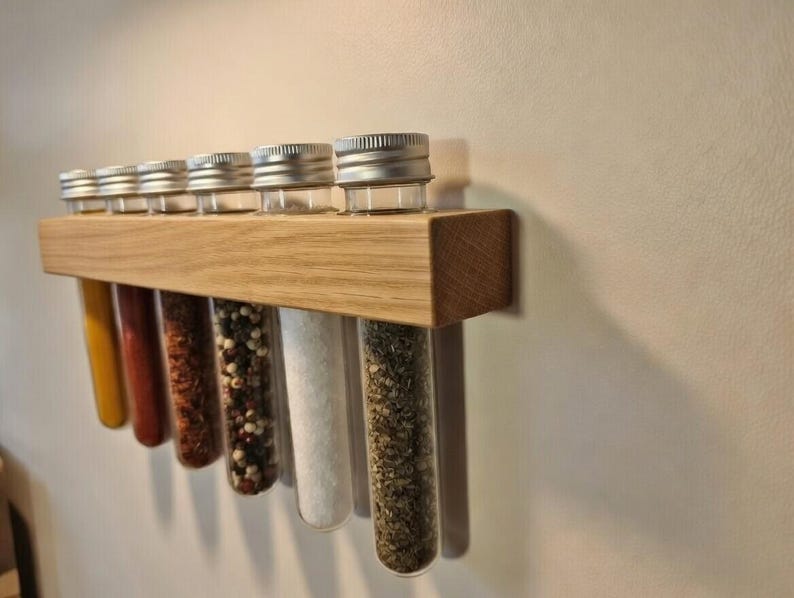 Handmade Oak Spice Rack with 6 Spice Tubes | Wall Mounted Kitchen Organizer | Herb Storage Gift for Foodies & Home Cooks image 1