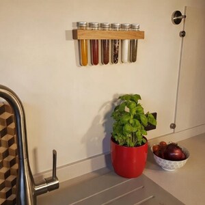 Handmade Oak Spice Rack with 6 Spice Tubes | Wall Mounted Kitchen Organizer | Herb Storage Gift for Foodies & Home Cooks image 2