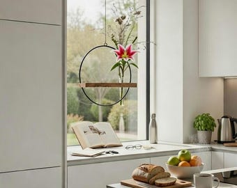 Hängende Vase mit Metallring & Eiche-Holzeinsatz | Handgemachte Wanddeko | Skandinavisches Wohnaccessoire | Geschenkidee