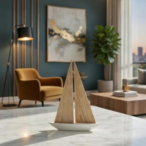 Handgefertigtes Holz-Deko-Boot – Pappelrumpf & Eiche-Segel, Unikat, Maritime Deko, Geschenkidee, Stilvolles Wohnaccessoire