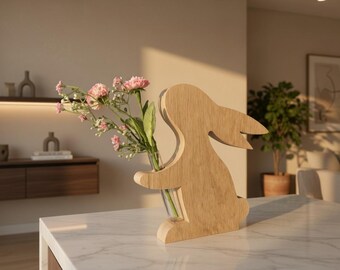 Dekorativer Osterhase aus massiver Eiche mit Vase | Hase | Handarbeit Holzfigur Ostern | Geschenk Frühling Wohndeko Natur