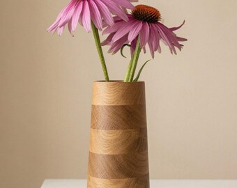 Striped wooden vase made of oak – hand-turned with glass insert