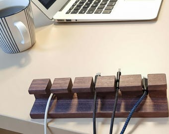 Wooden Cable Organizer Walnut | Desk Cable Holder | Cable Management for Laptop Phone Tablet | Handmade Office Gift