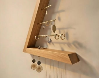Organizador de Joyas de Madera – Soporte de Pared con 5 Ganchos, 3 Barras, Imán y Repisa | Colgador de Pendientes, Collares, Pulseras
