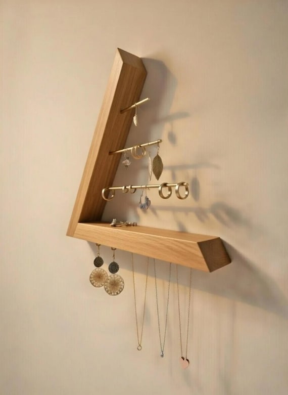 Schmuckorganizer Wand Eiche Massiv – Magic Magnet, 5 Haken & 3 Messingstangen | Made in Germany