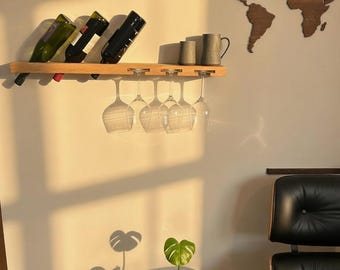Weinregal Wand aus Eiche | Weinglashalter für 3 Gläser & 3 Flaschen | Handgefertigt | Geschenk für Weinliebhaber | Küche Wohnzimmer