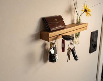 Schlüsselleiste mit Blumenvase aus Holz mit Magnet und mit Ablagefläche für mehr Ordnung - Schlüsselbrett I Schlüsselboard I Schlüsselhalter
