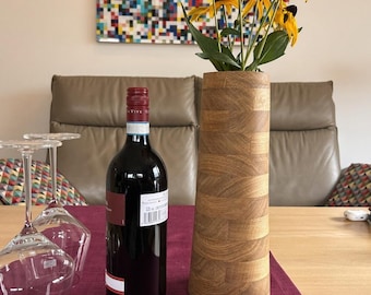 Striped wooden vase (large) made of oak – hand-turned with glass insert
