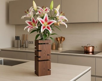 Handmade wooden vase with glass insert – walnut flower vase – modern decorative vase for cut flowers