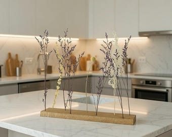 Blumenwiese aus Holz mit echten Trockenblumen – Dekoration aus Eiche – Trockenblumenhalter | Handmade Geschenkidee