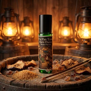 May include: A green glass roll-on bottle with a black cap, labelled "The Van Tasse Barn Dance." The bottle is on a wooden barrel with dried apple slices, sugar crystals, and wooden tongs. The background features lanterns.