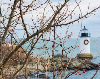 Salem Massachusetts Fort Pickering lighthouse with Christmas wreath, holiday decor,  lighthouse decor, lighthouse photo, nautical christmas