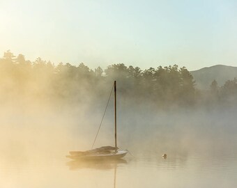 Sailboat in the morning fog on Mirror Lake, Lake Placid, upstate, new york, adirondacks, mountains, sunrise, lake decor, sailboat decor