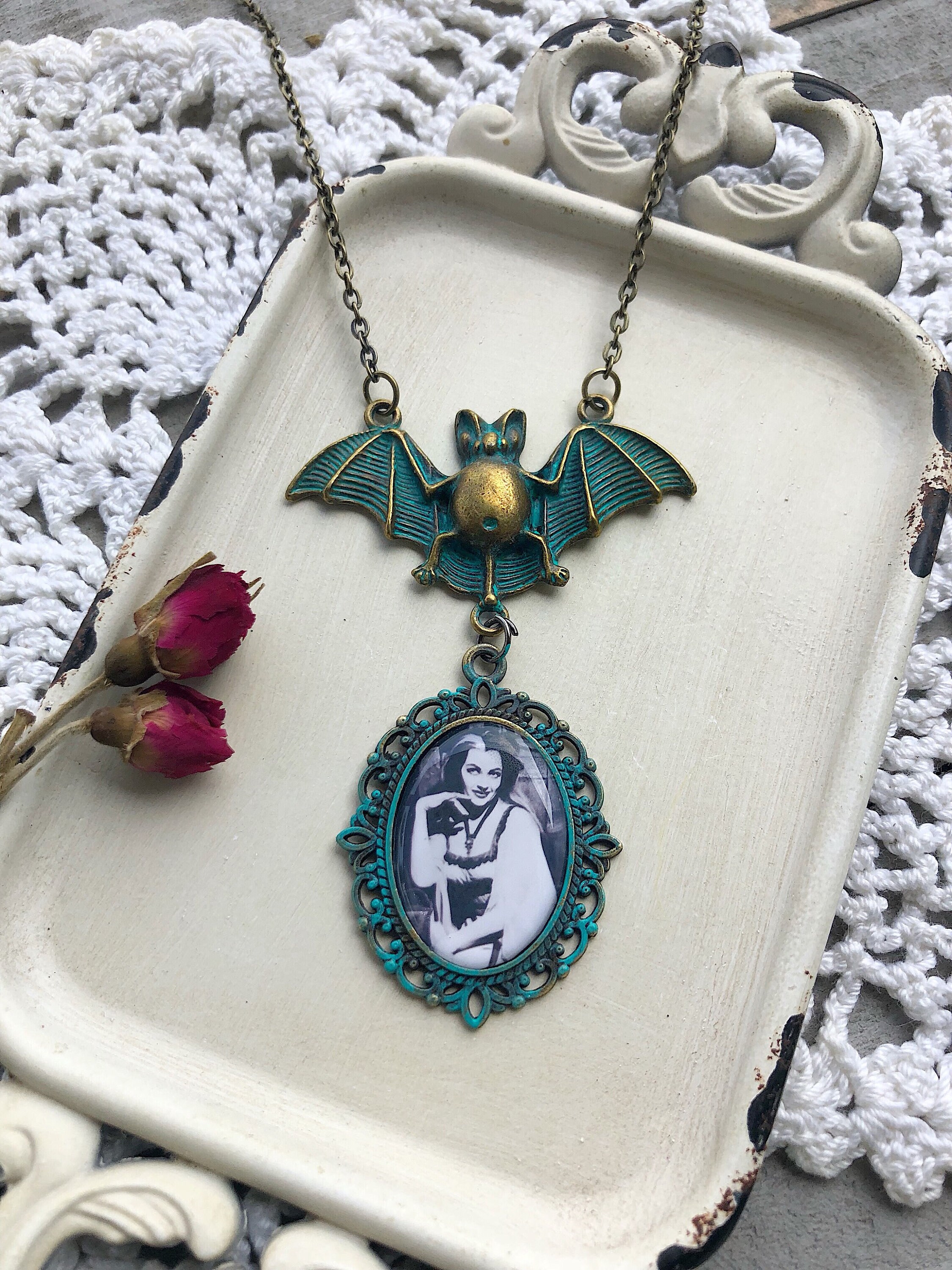 Lily Munster Cameo Bat Necklace, Spooky, Fall, Halloween, Goth, Gothic, Mac...