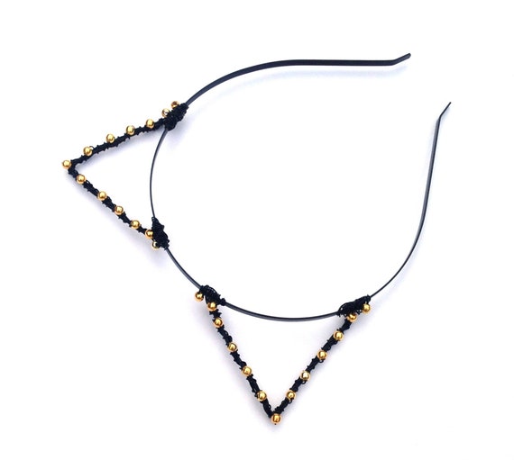 Black Gold Cat Ears Beaded Kitty Headband Metal Wire Kitten Bachelorette Accessory Alice Band Costume