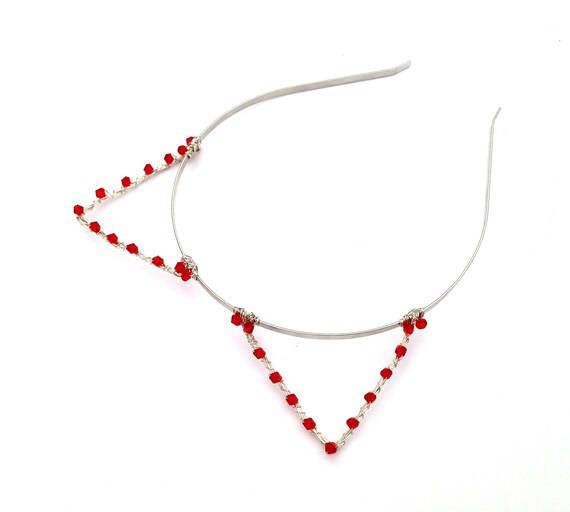 Red Cat Ears Headband Beaded Kitty Hair Band Metal Wire Kitten Bachelorette Accessory Costume Cosplay