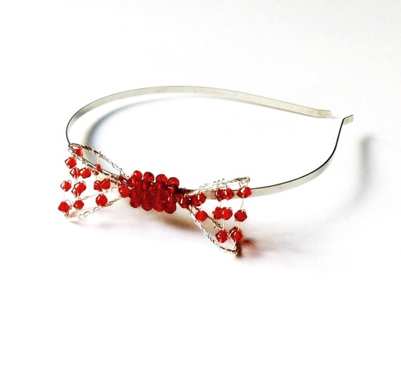 Ruby Red Bow Headband Beaded Wire Hair Bow Rockabilly Side