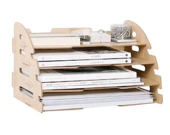 DIY Wood Hand Made Desk Organizer Office School Supplies Desk Accessories Organizer 4 Layers File Tray Book Holder