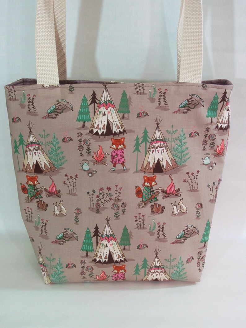 Camping Foxes Knitting Tote. Large Knitting or Crochet Project Bag