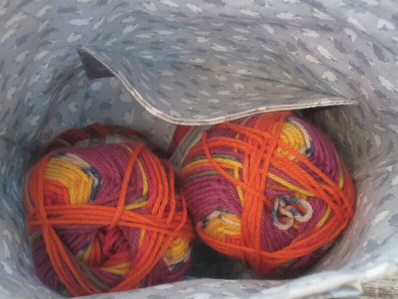 Sheep Drawstring Pouch with Wrist Strap. Small Sock Size Knitting or Crochet Project Bag