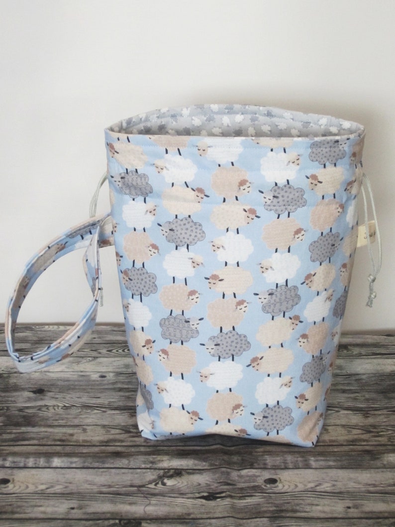 Sheep Drawstring Pouch with Wrist Strap. Small Sock Size Knitting or Crochet Project Bag