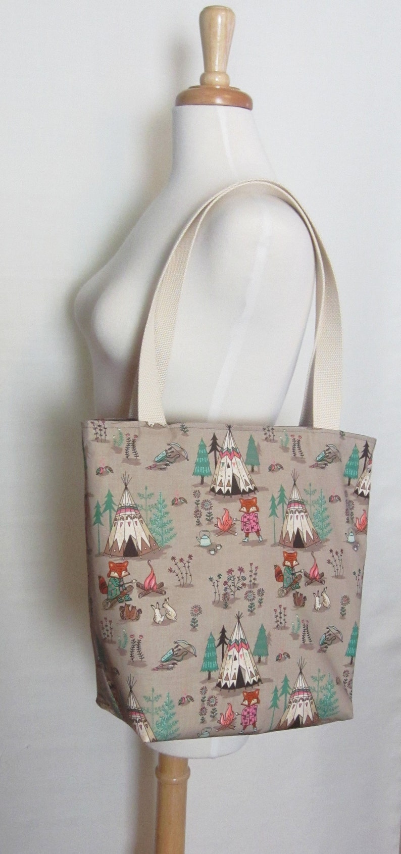 Camping Foxes Knitting Tote. Large Knitting or Crochet Project Bag