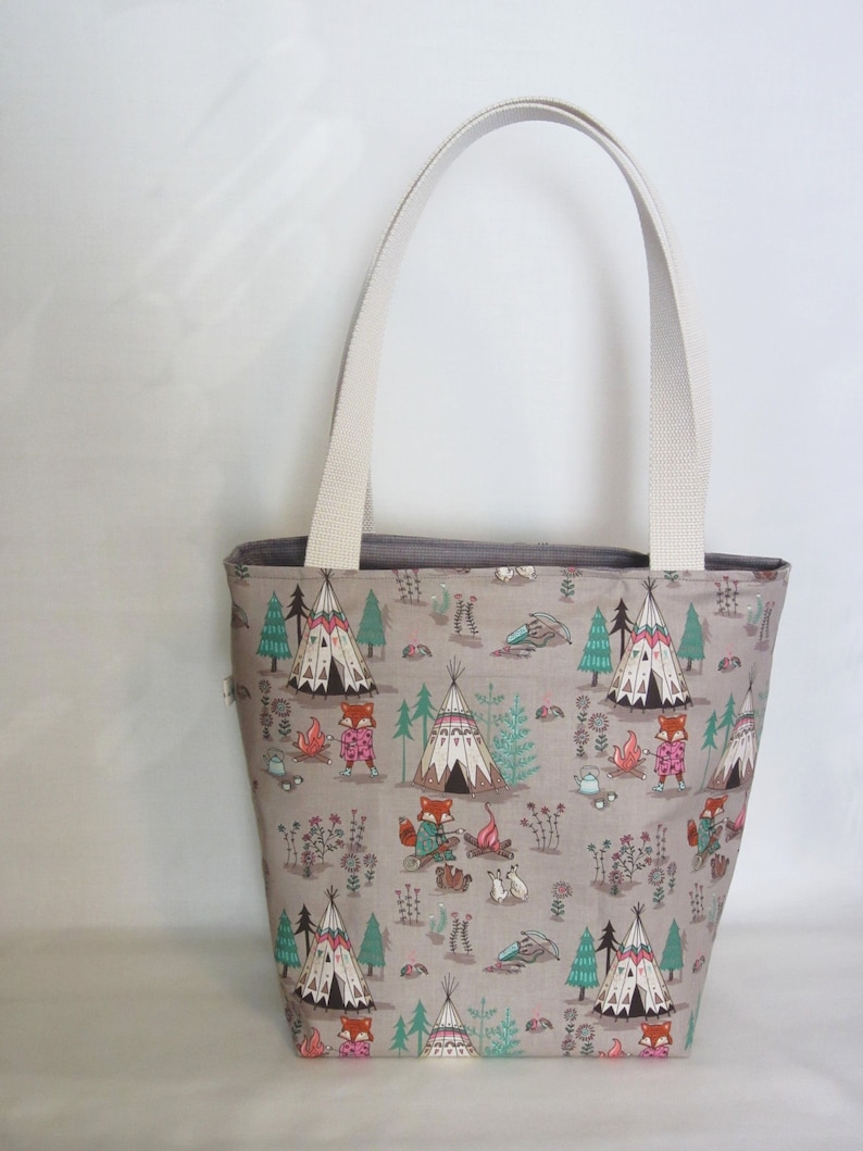 Camping Foxes Knitting Tote. Large Knitting or Crochet Project Bag