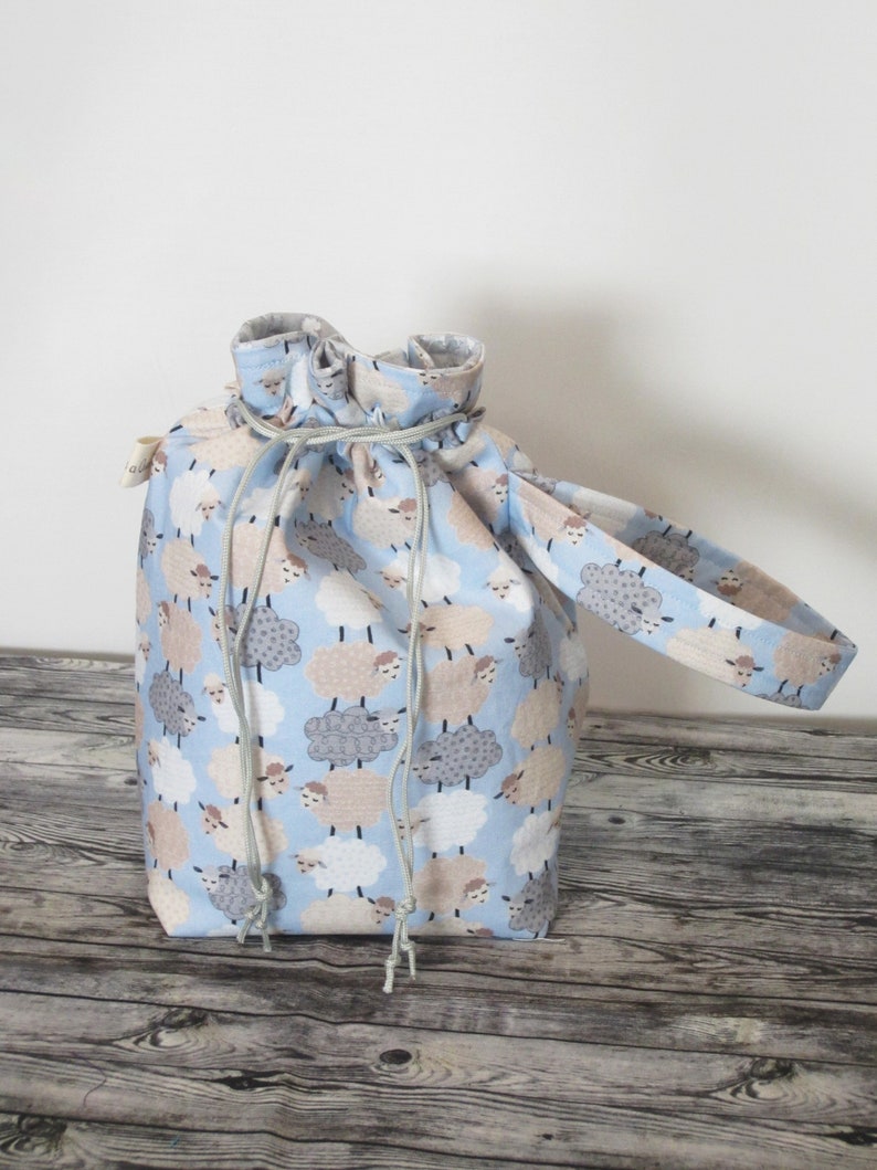 Sheep Drawstring Pouch with Wrist Strap. Small Sock Size Knitting or Crochet Project Bag