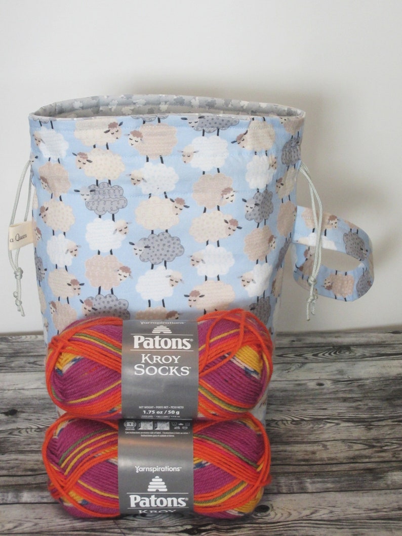 Sheep Drawstring Pouch with Wrist Strap. Small Sock Size Knitting or Crochet Project Bag