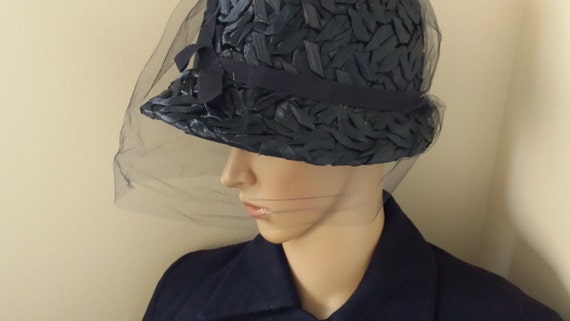 Vintage Navy Blue bucket hat/ raffia hat with vei… - image 1